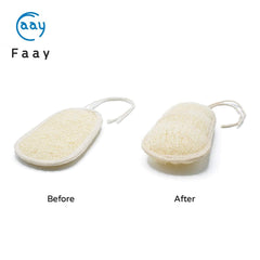 FAAY two-sided Egyptian loofah pad enhances skin exfoliation and rejuvenation.