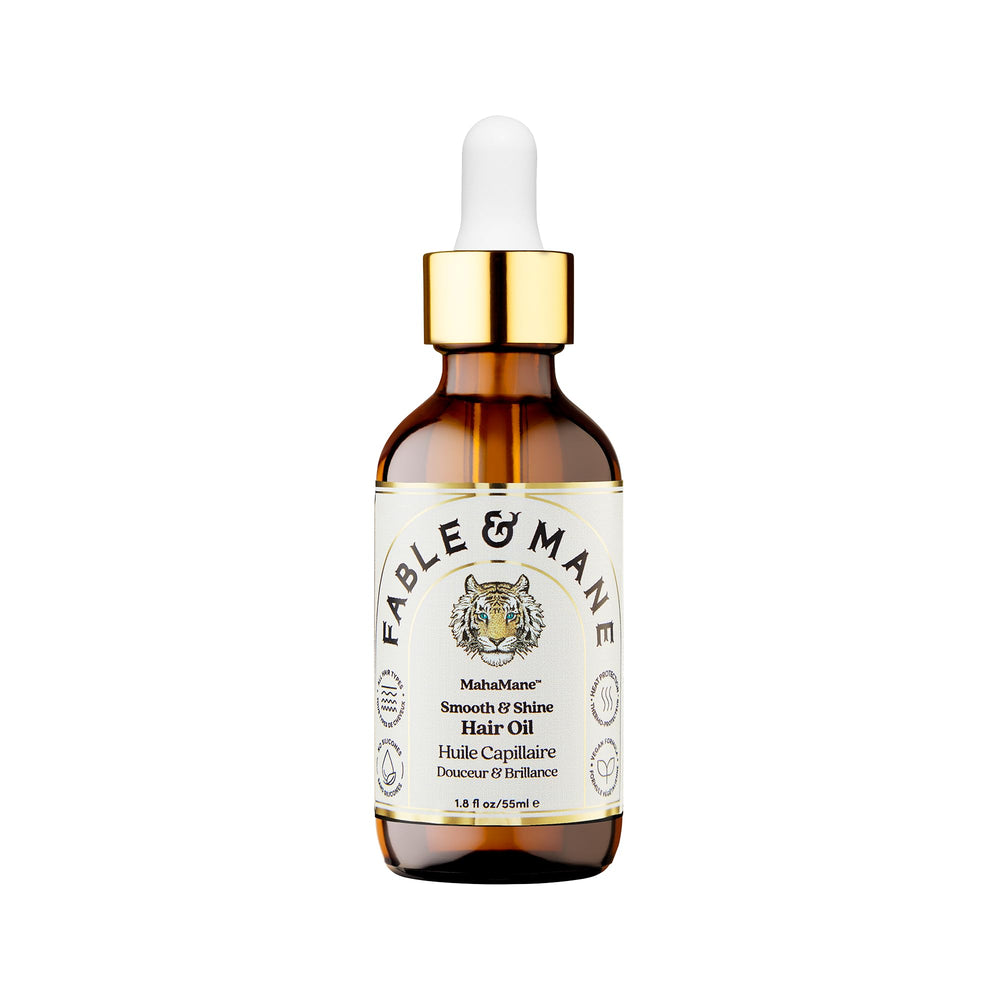 Fable & Mane MahaMane bottle-front shows gloss-enhancing serum for smooth shine