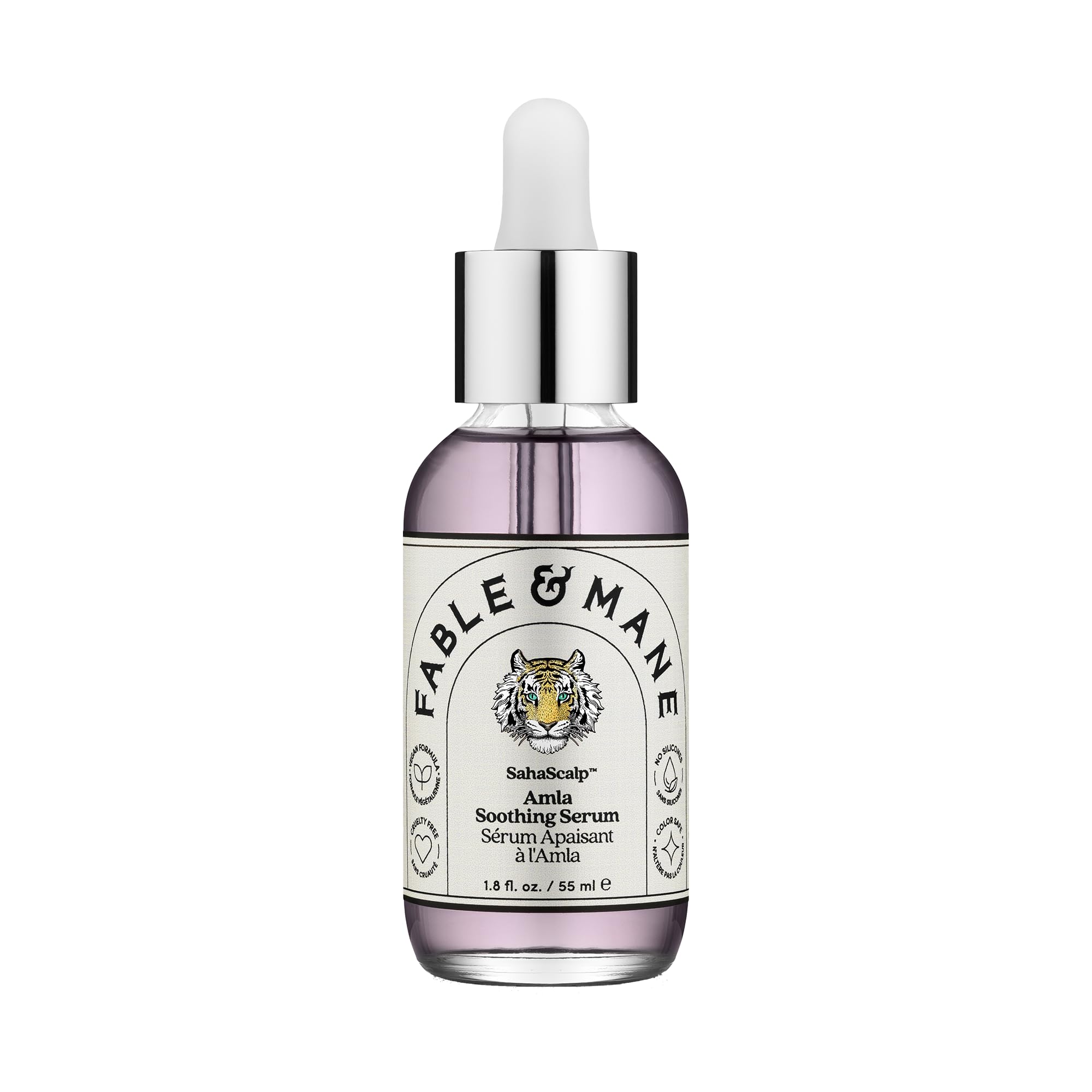 Fable & Mane Amla Serum bottle close-up for gentle scalp care.