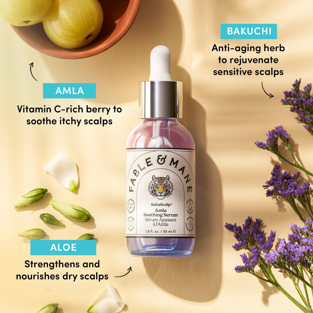 Fable & Mane Amla Serum packaging shot emphasizes vegan cruelty-free.