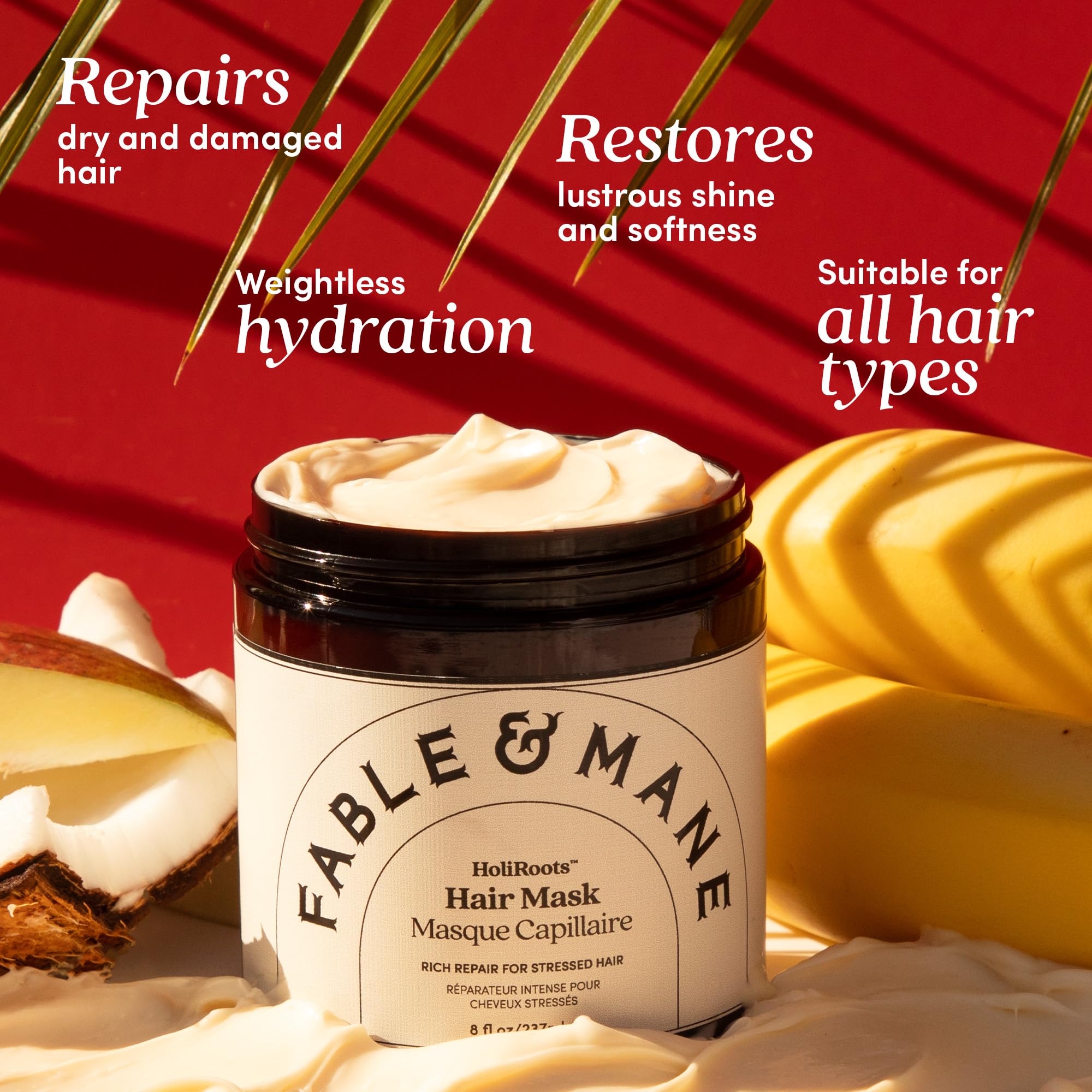 Fable & Mane Deep Moisture Mask bowl with shea butter and coconut highlighting nourishing ingredients