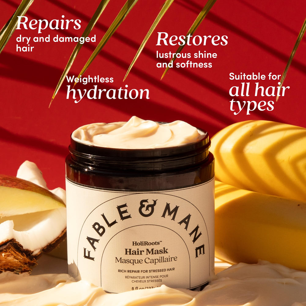 Fable & Mane Deep Moisture Mask bowl with shea butter and coconut highlighting nourishing ingredients