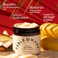 Fable & Mane Deep Moisture Mask bowl with shea butter and coconut highlighting nourishing ingredients