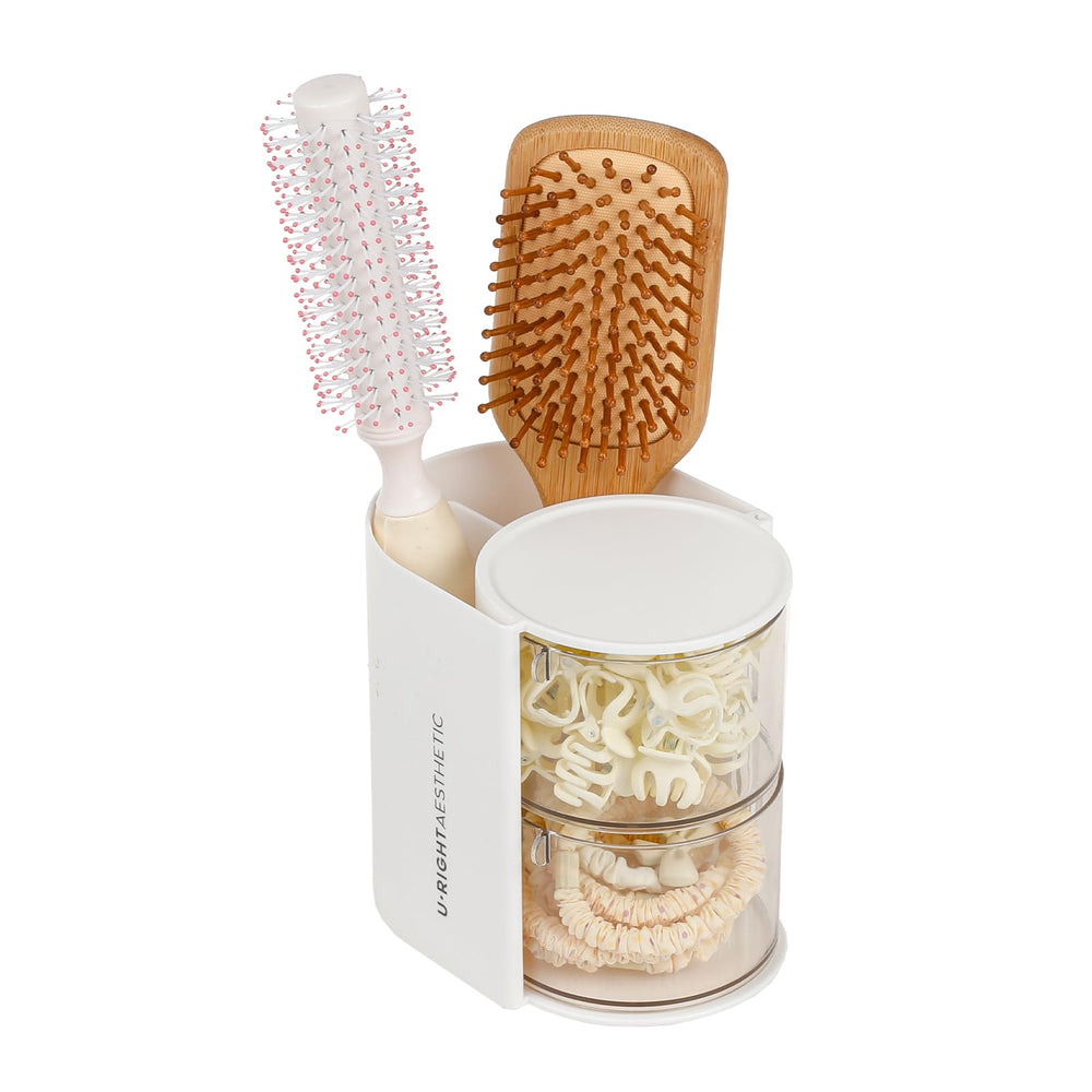 FABROK 2-layer clear hair organizer on vanity keeps hair accessories neatly visible.