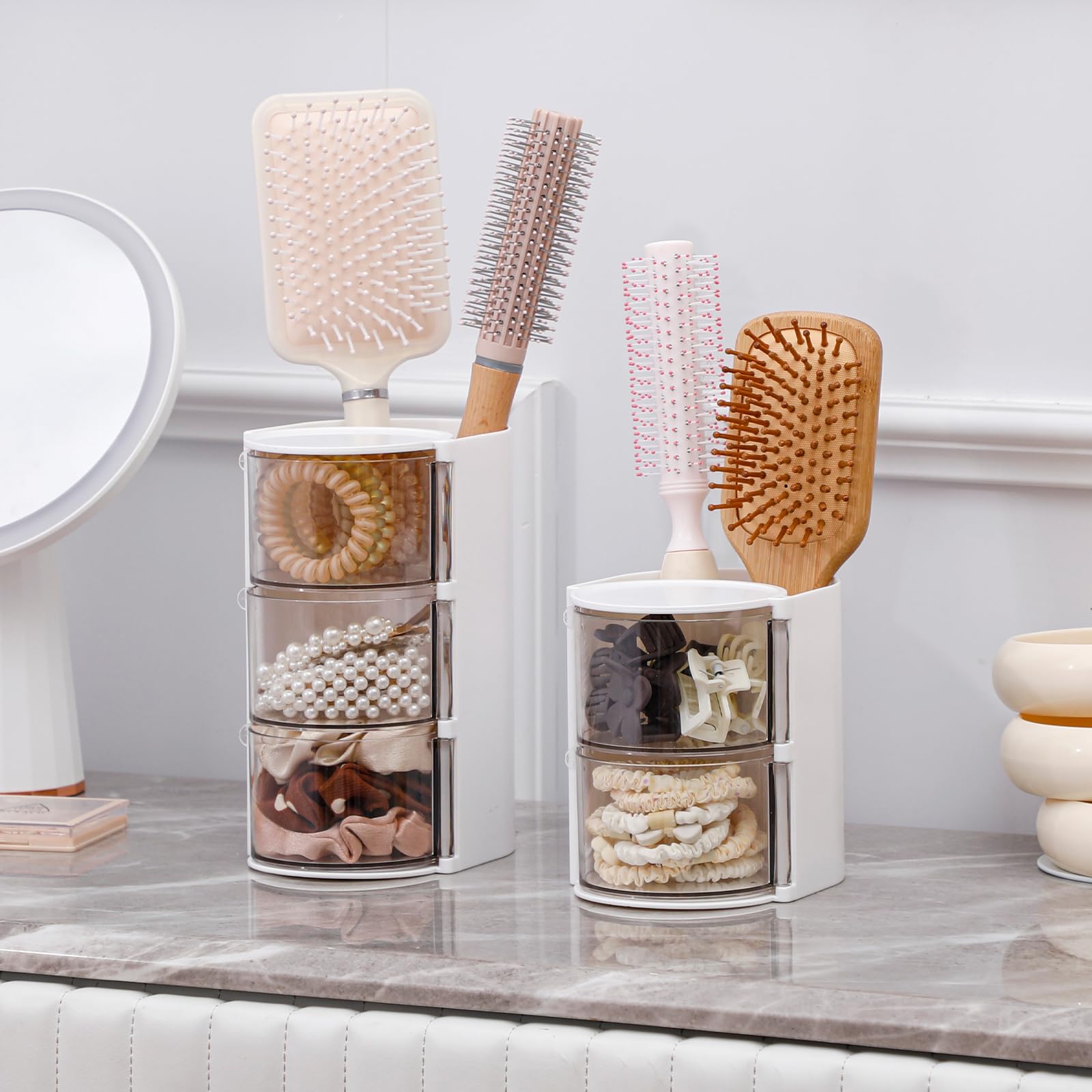 FABROK rotatable layers provide easy access to jewelry and makeup tools.
