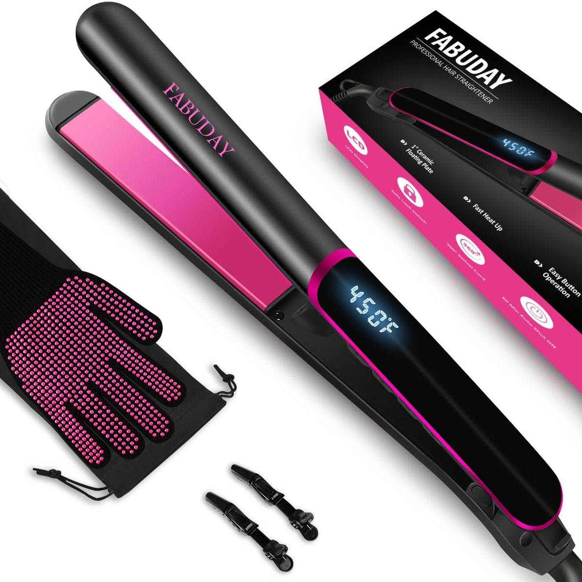 Fabuday flat iron with 1-inch floating ceramic plates for smooth snag-free styling