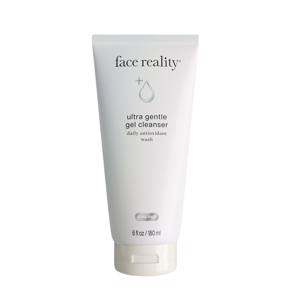 Face Reality Ultra Gentle Cleanser bottle pour demonstrates a gentle daily cleanse for blemish-prone skin