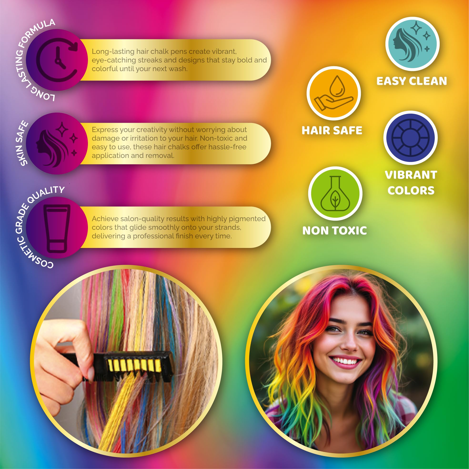 FACEGEM LONDON hair chalk on dark hair shows vivid metallic pop.