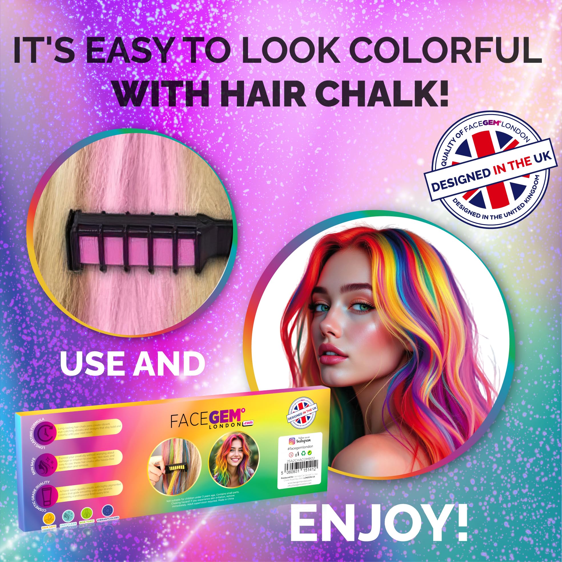 FACEGEM LONDON hair chalk on light hair reveals bright neon visibility.