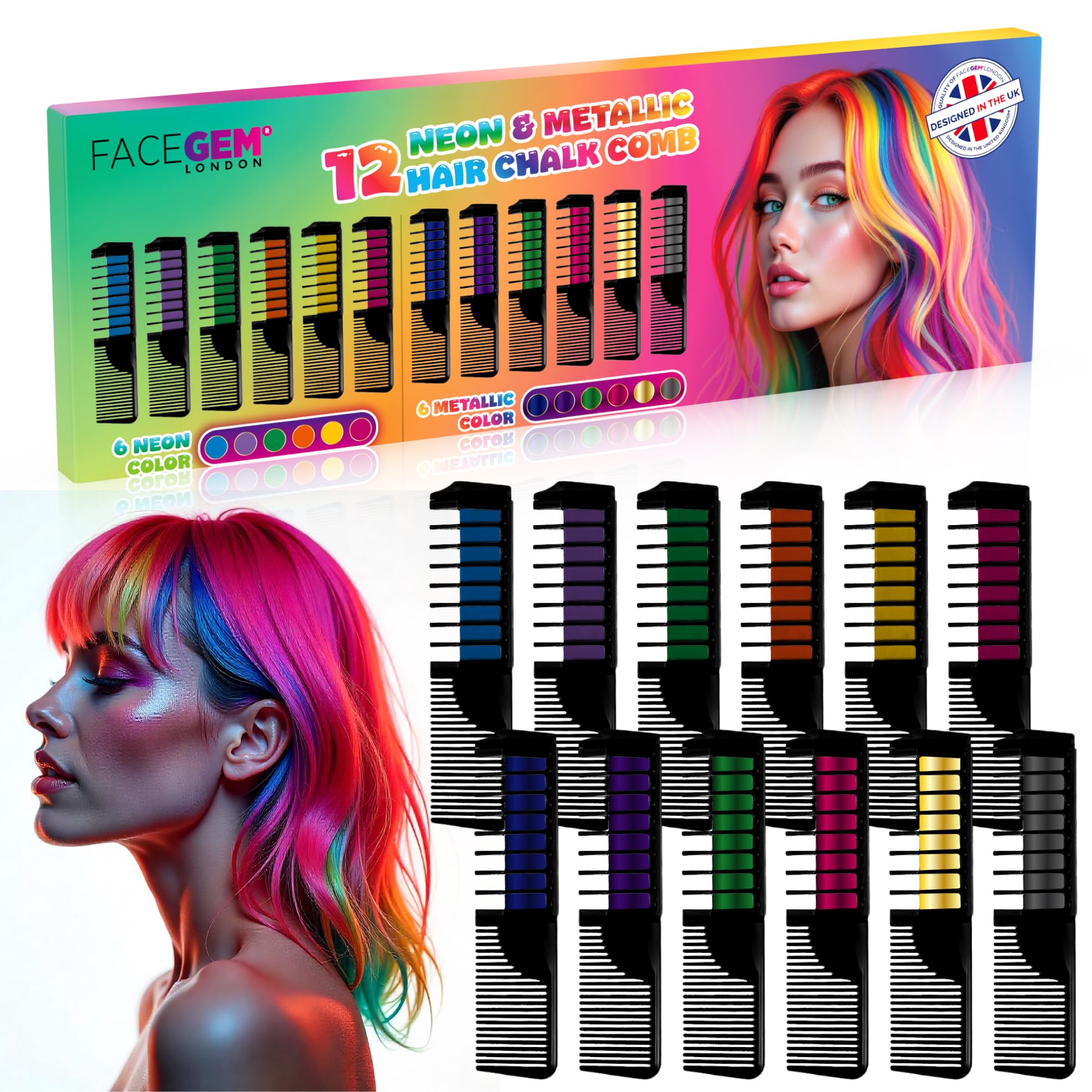 FACEGEM LONDON hair chalk set with 12 shades for bold festival looks.