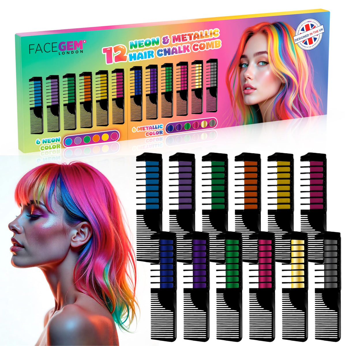 FACEGEM LONDON hair chalk set with 12 shades for bold festival looks.