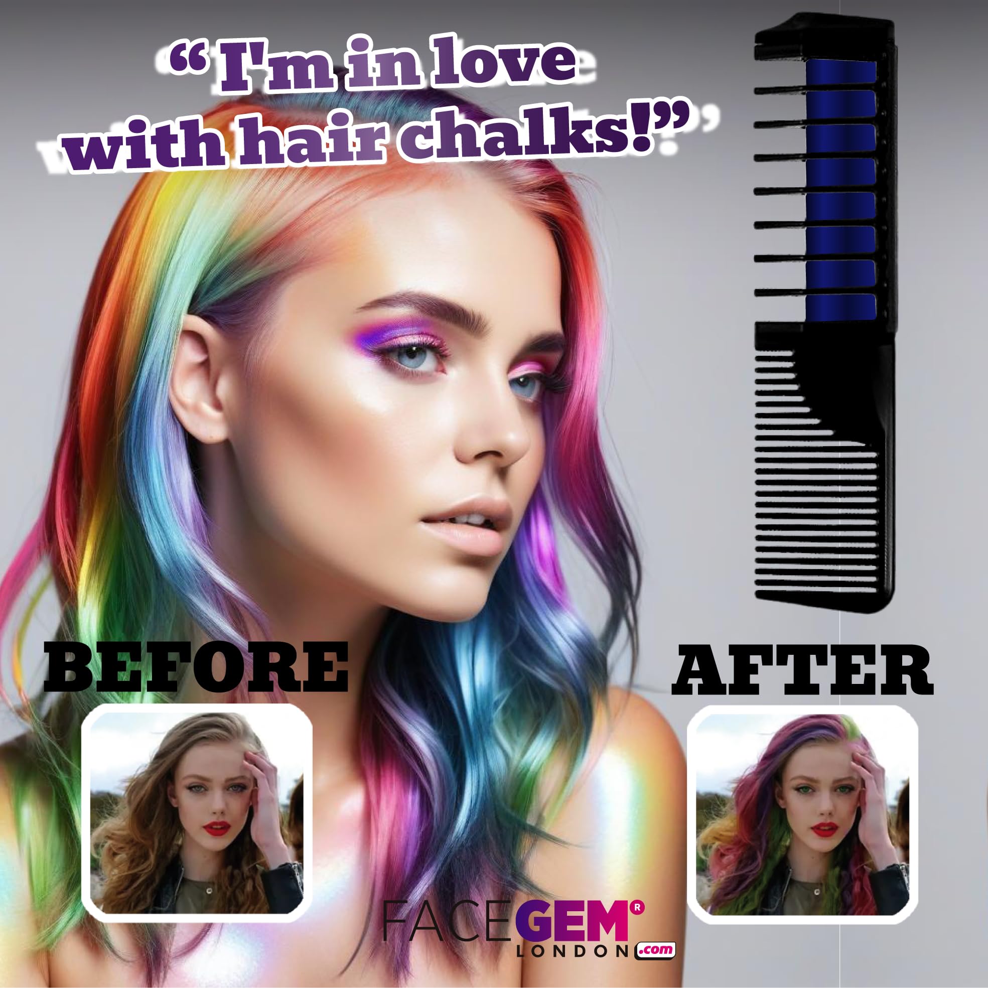 FACEGEM LONDON wash-out feature shows colour removal with shampoo.