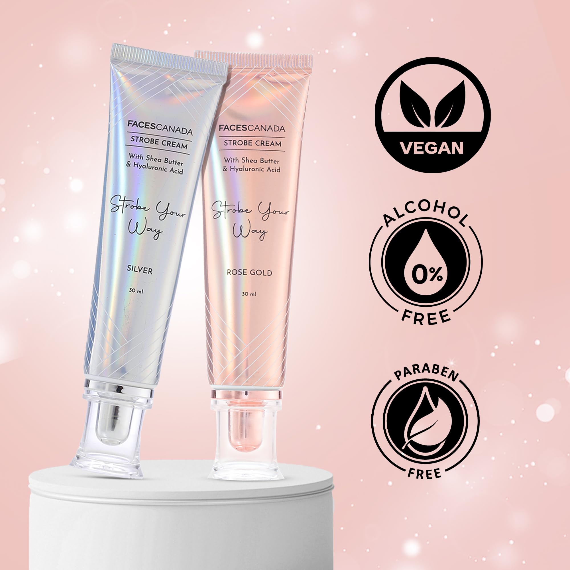 Faces Canada Strobe Cream Rose Gold packaging communicates clean, vegan benefits