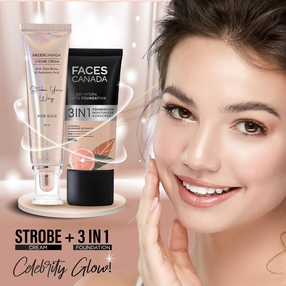Faces Canada Strobe Cream Rose Gold texture-closeup highlights lightweight, non-sticky radiance