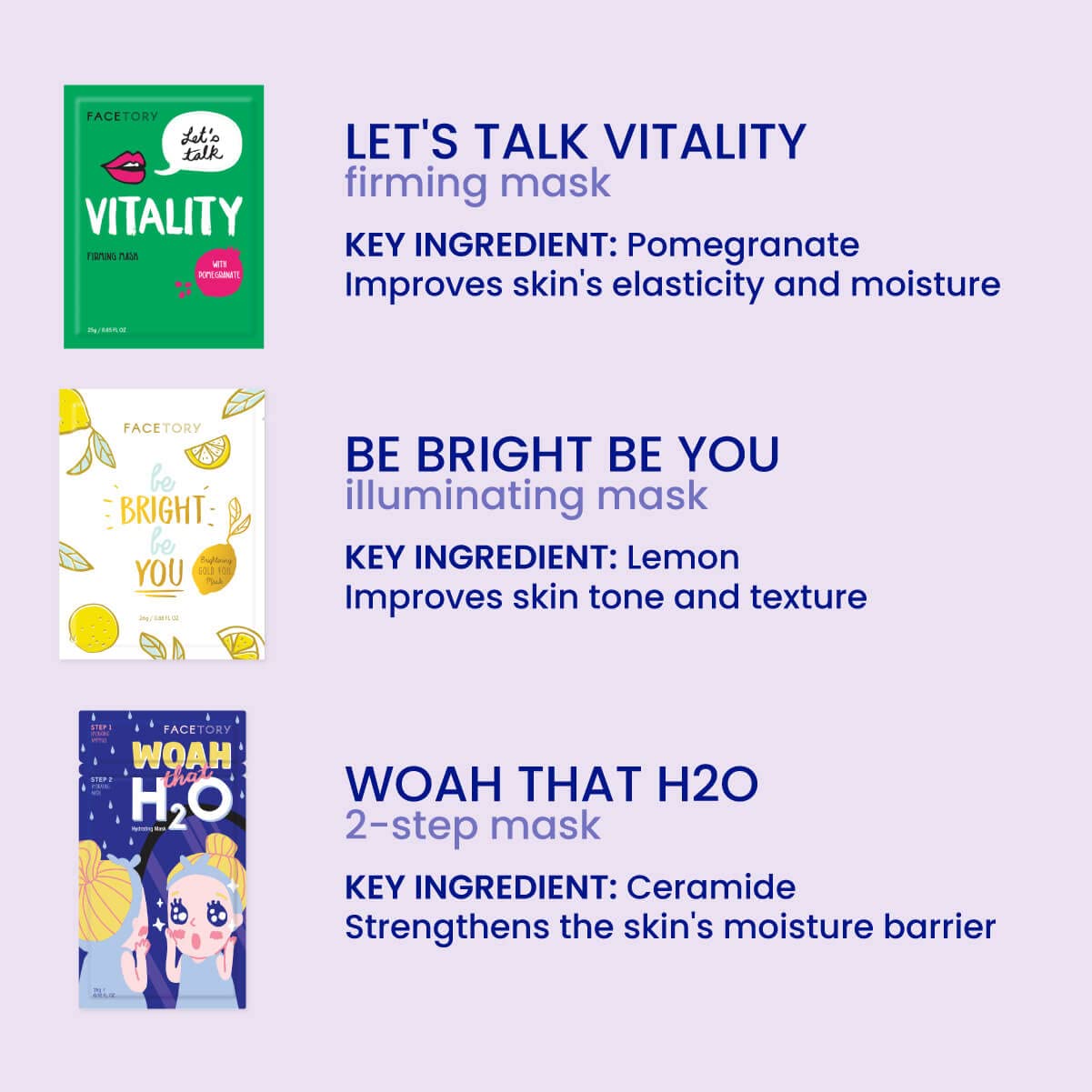 FACETORY seven-mask set shown for daily care with hydrating and soothing benefits.