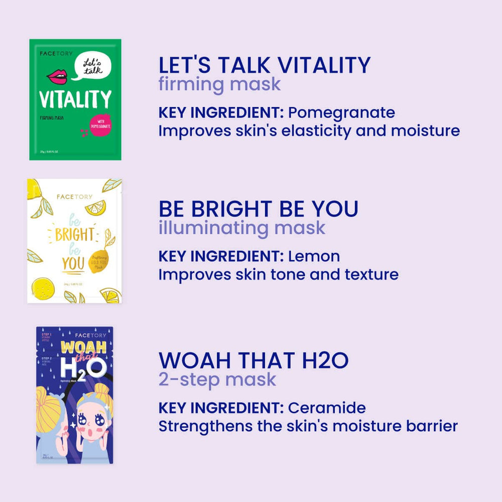 FACETORY seven-mask set shown for daily care with hydrating and soothing benefits.