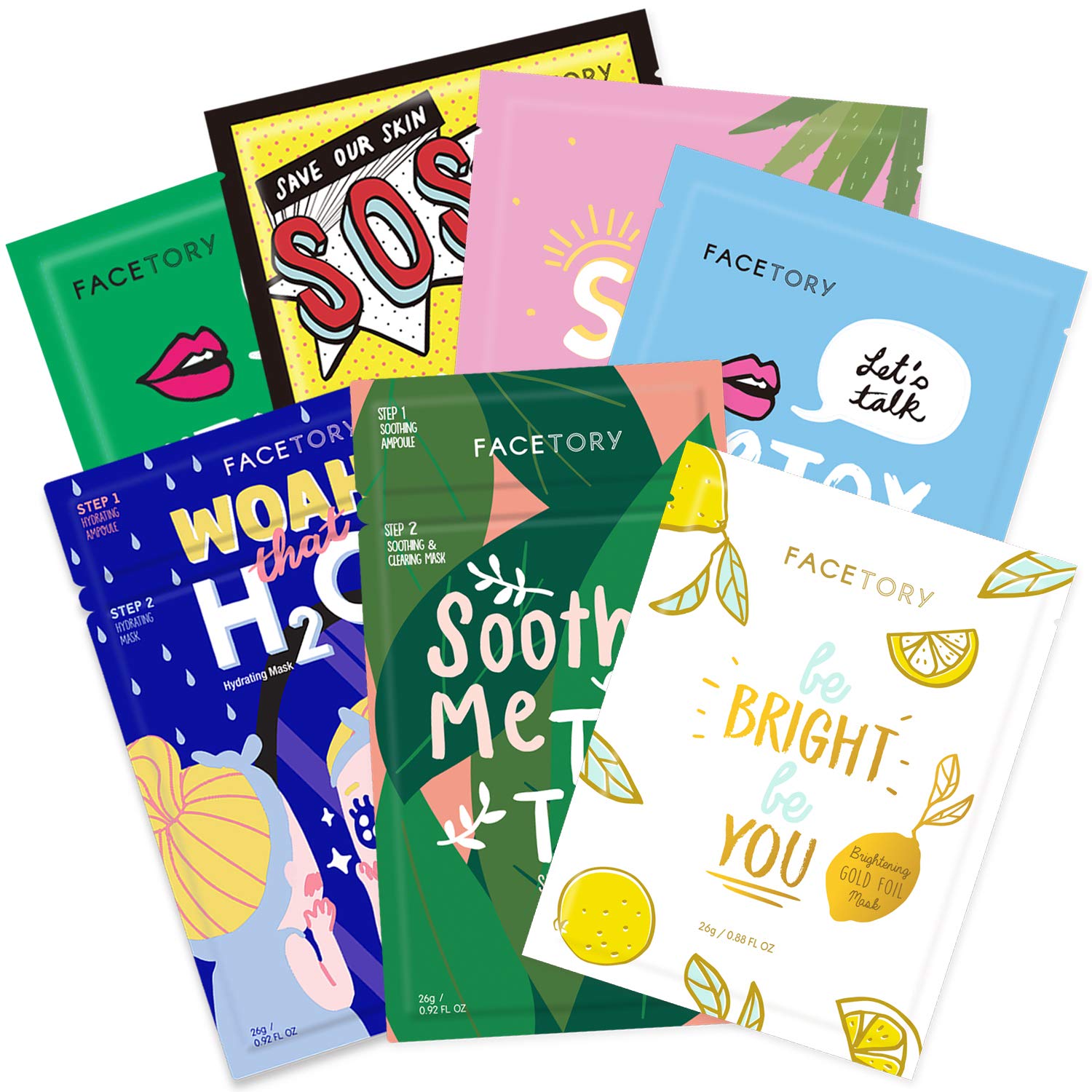 FACETORY Best of 7 collection sheet masks packaging highlights hydration for all skin types.
