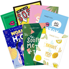 FACETORY Best of 7 collection sheet masks packaging highlights hydration for all skin types.