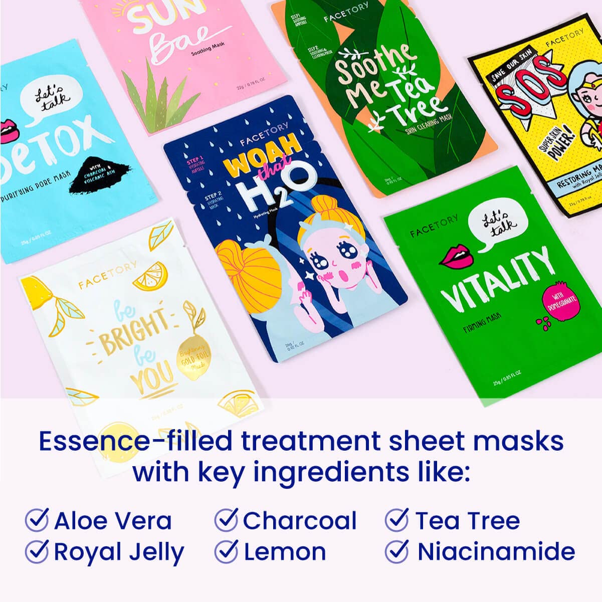 FACETORY Best of 7 collection masks laid out for a pampering ritual that boosts radiance.