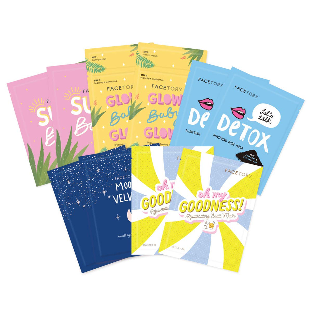 FACETORY collection mask set hydrates skin with a refreshing sheet mask.