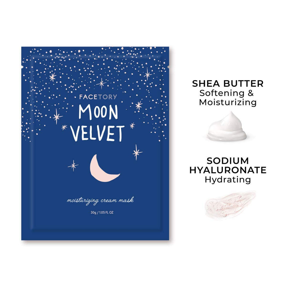 FACETORY Moon Velvet shea butter ingredient emphasizes smoothing hydration for dry patches.