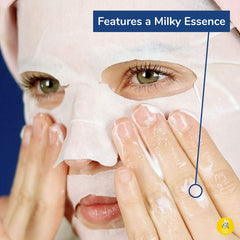 FACETORY Moon Velvet sheet mask on face delivers hydrating milky essence for dewy skin.