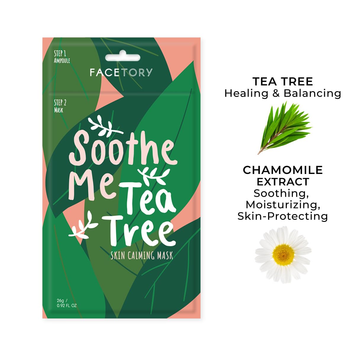 FACETORY Tea Tree Ampoule application preps skin with chamomile and moisture.