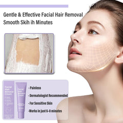 Facial Hair Removal Cream peach-fuzz target highlights precise removal near delicate facial zones