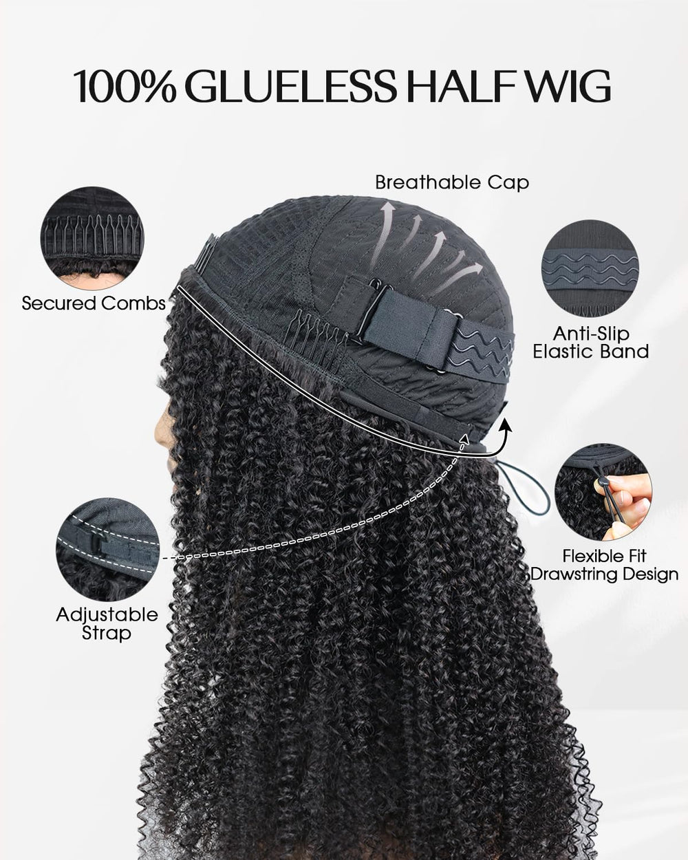 FACMOOD half-wig drawstring adjustment demonstrates easy secure fit