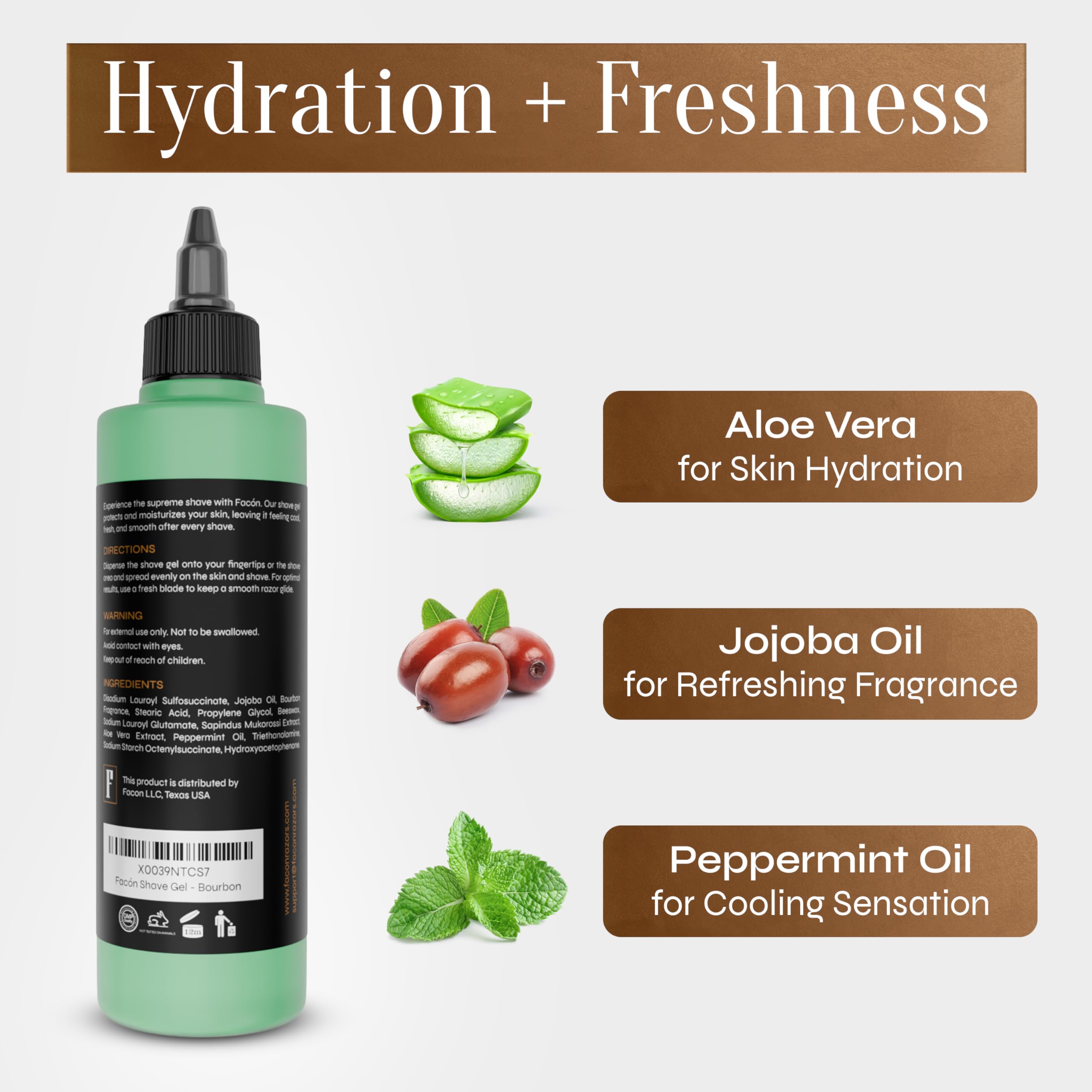 FACON aloe vera gel application highlighting soothing hydration during shave.