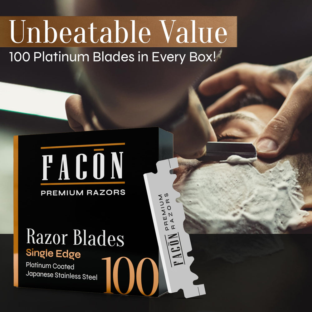 FACON barber-straight razor line-up detail showing edging accuracy