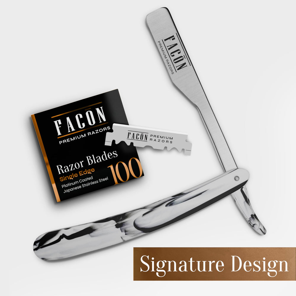 FACON kit shows 100 blades for multiple shaves.