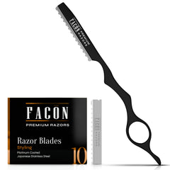 FACON Faether Razor product shot showing premium stainless steel design for precise grooming and clean lines.