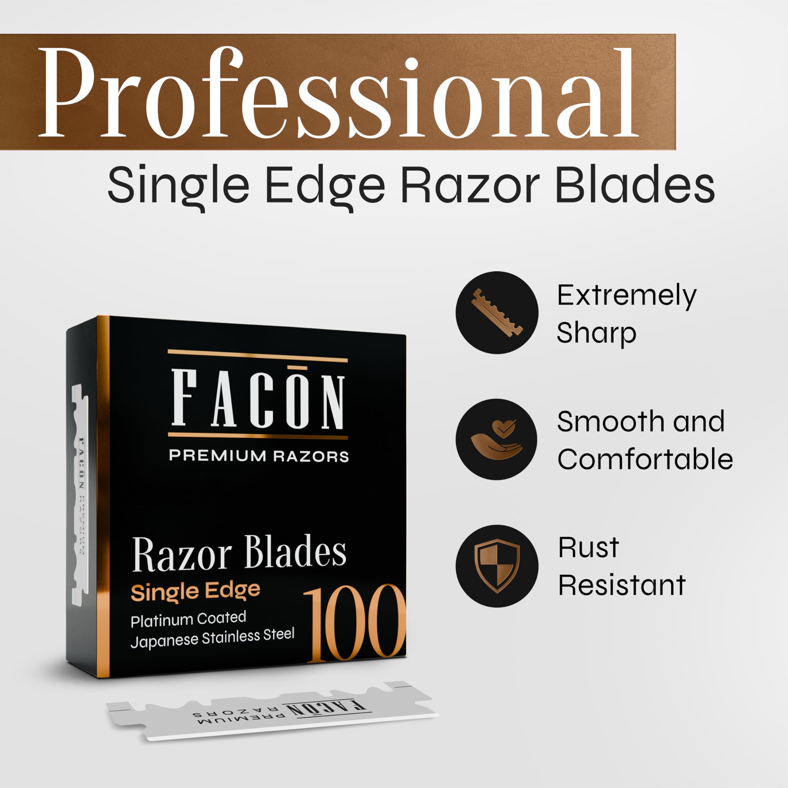 FACON platinum Japanese stainless steel blades in packaging emphasizing hygiene