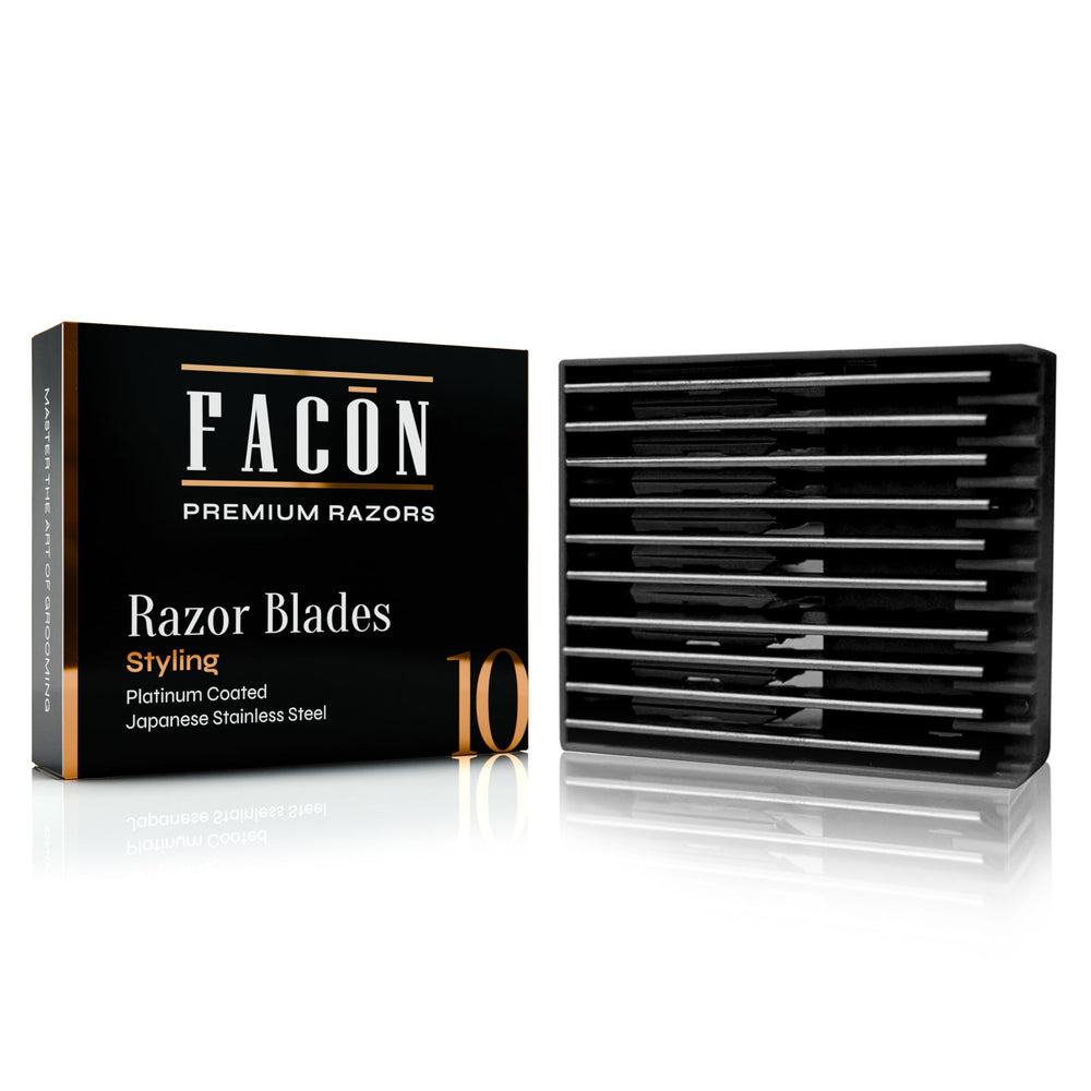 FACON professional hair-styling razor blades closeup highlighting precise, clean cuts.