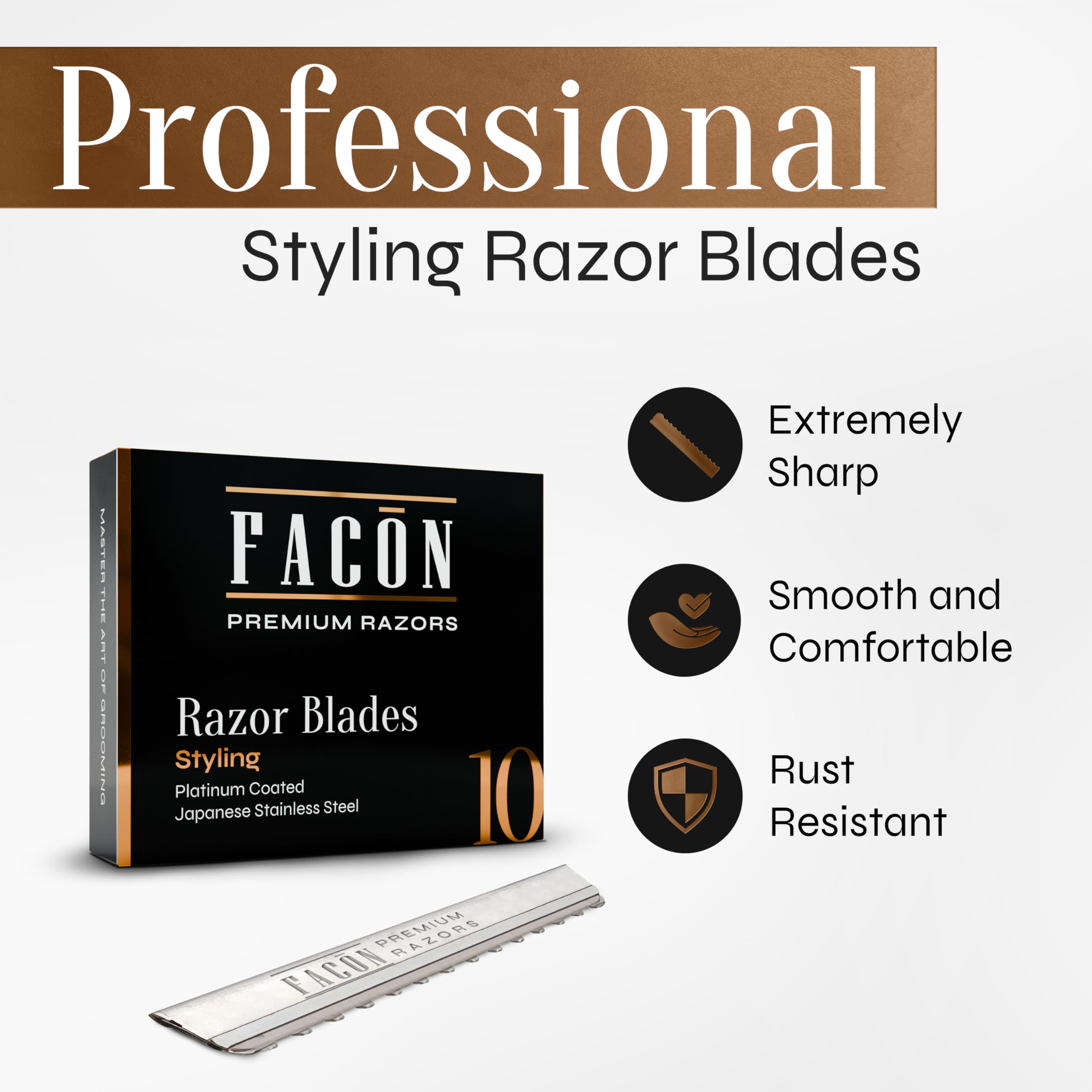 FACON 10-count blades packaging displays premium quality for reliable salon-style results.