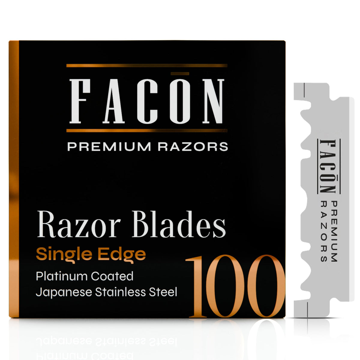 FACON single-edge blades close-up with platinum edge for precise, smooth shaves