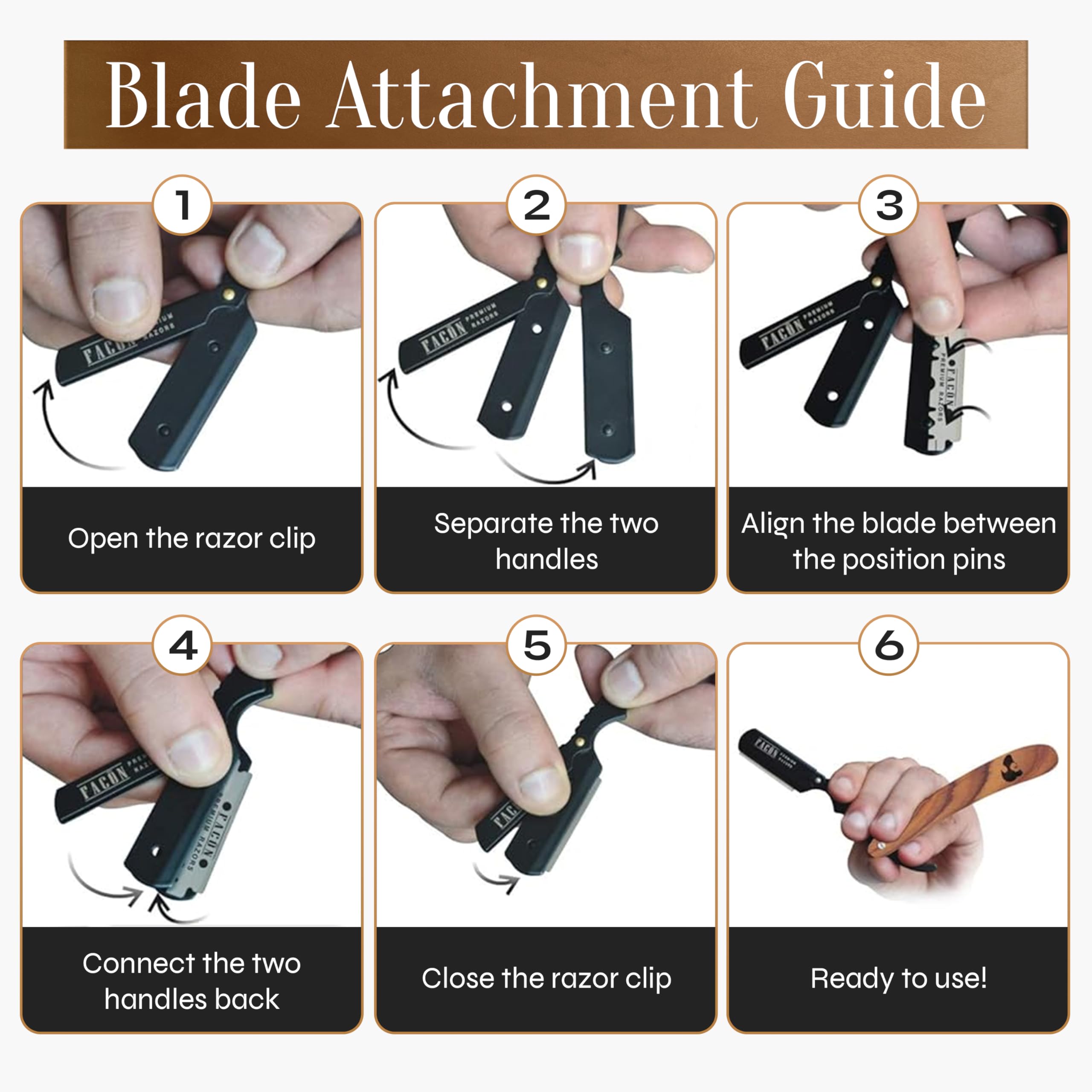 FACON stainless steel razor head paired with wooden handle for durable performance.