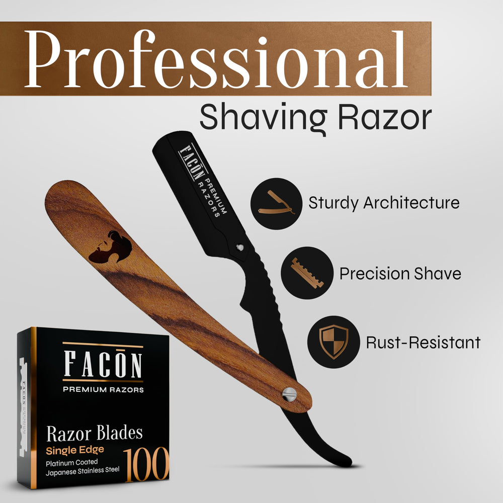 FACON razor blade pack showing 100 platinum blades for consistent cuts.