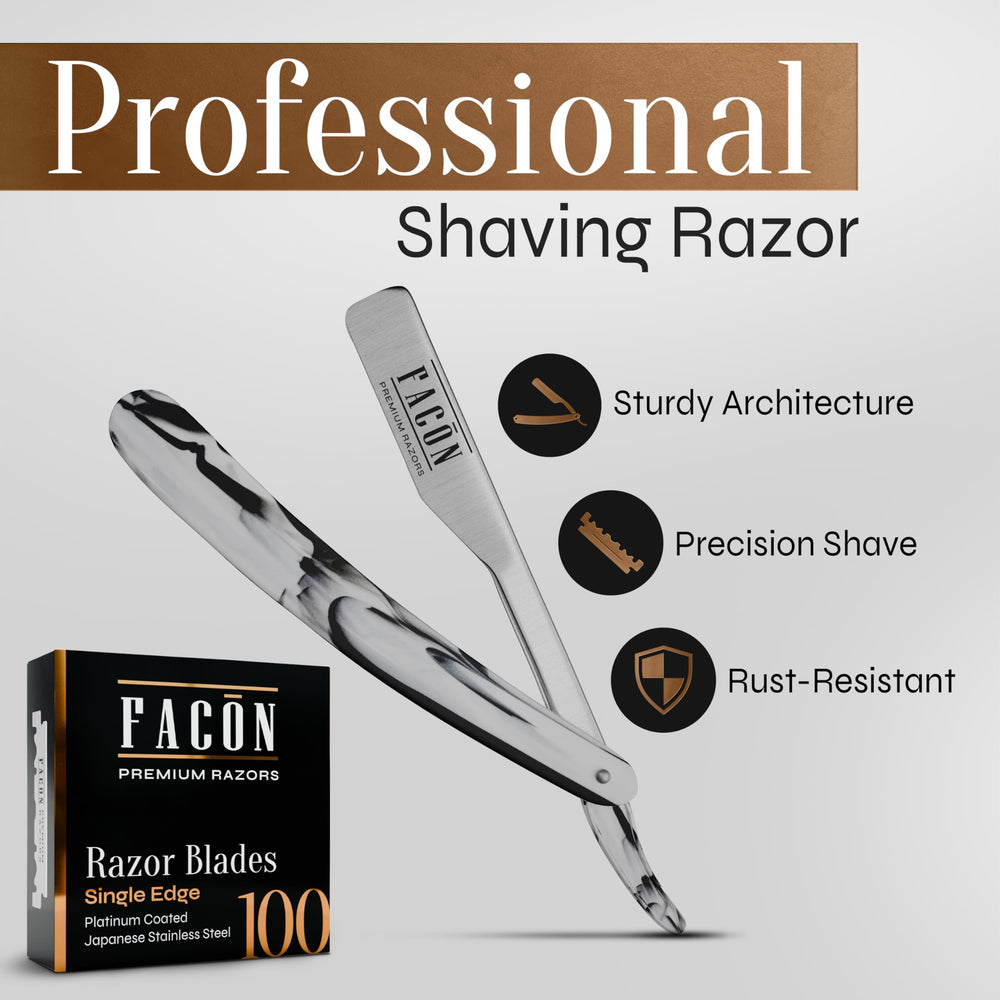 FACON straight razor blade close-up for a sharp, close shave.