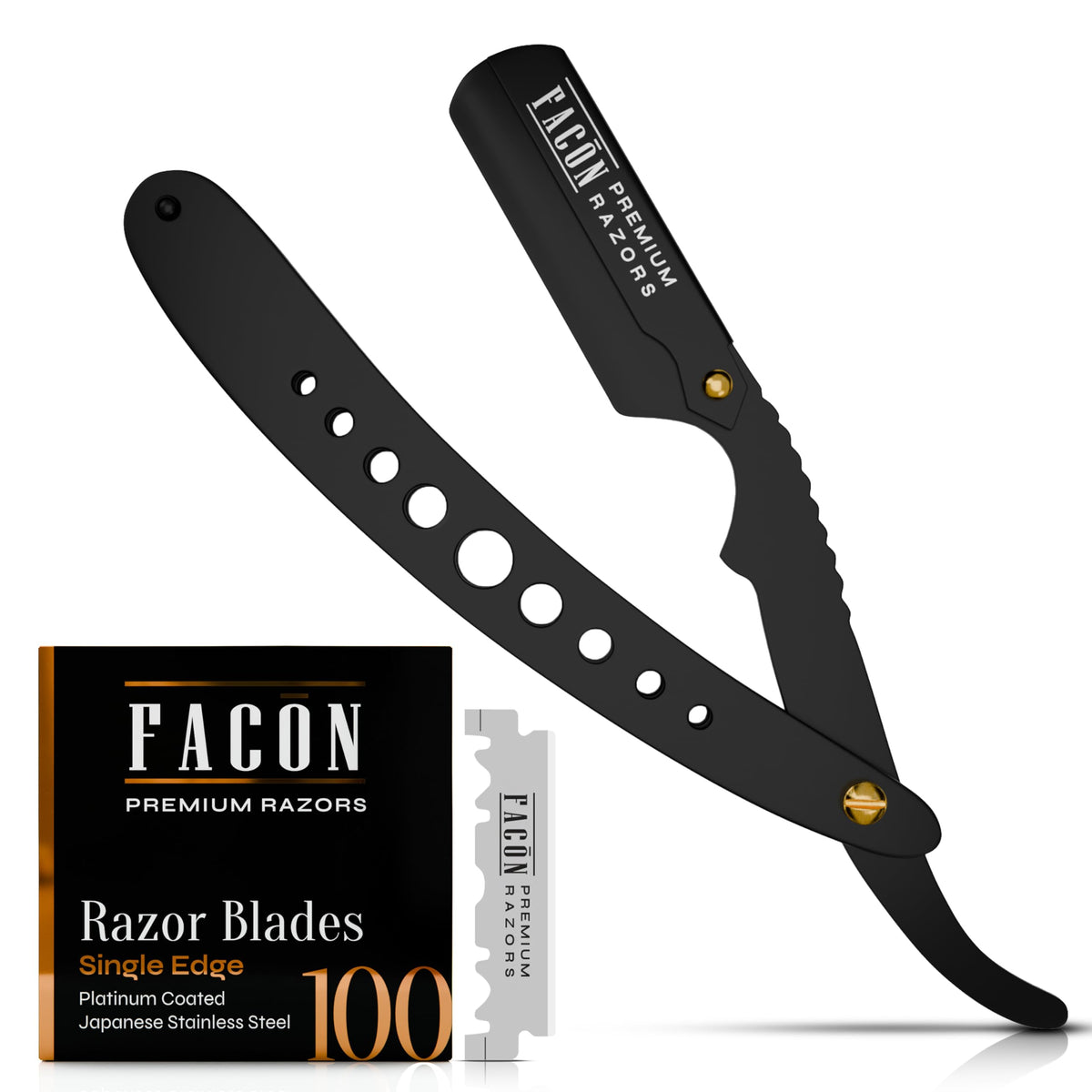 FACON straight razor ergonomic handle close-up for precise control during daily shaving.