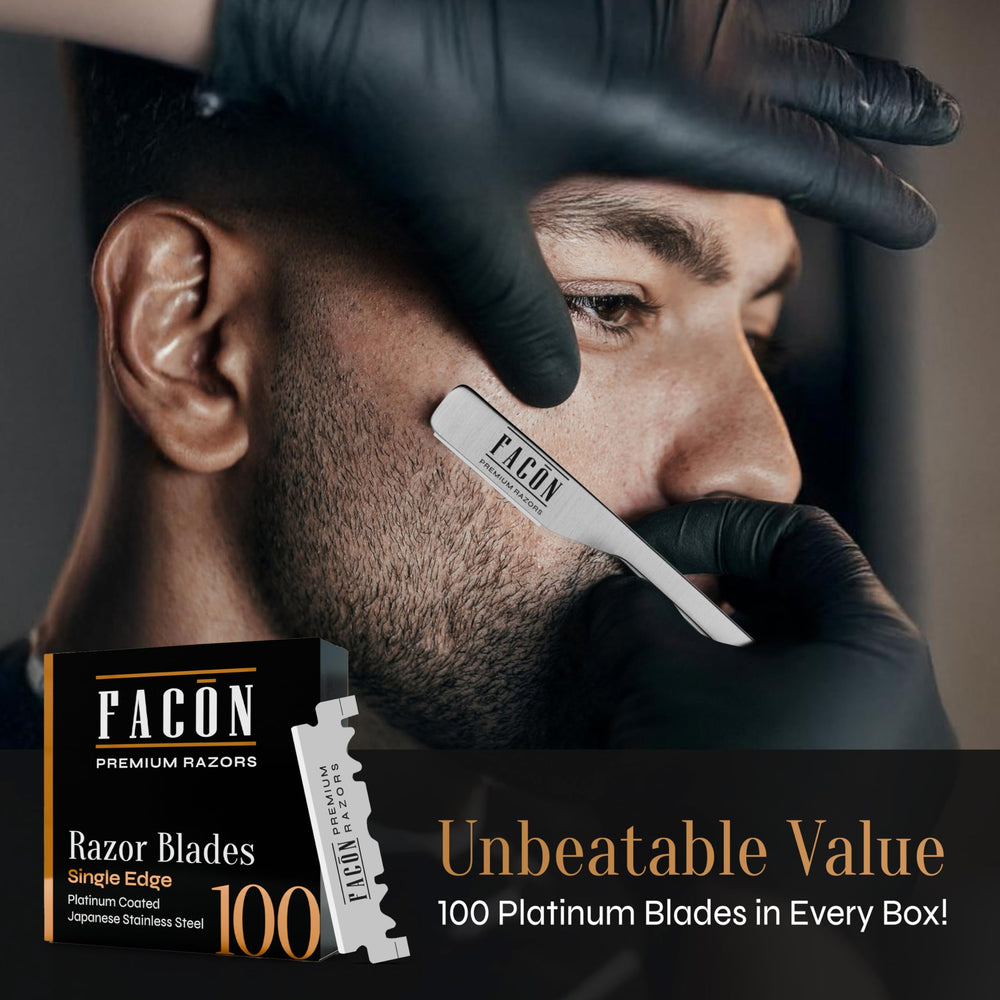 FACON straight razor in use by a man for a smooth shave.