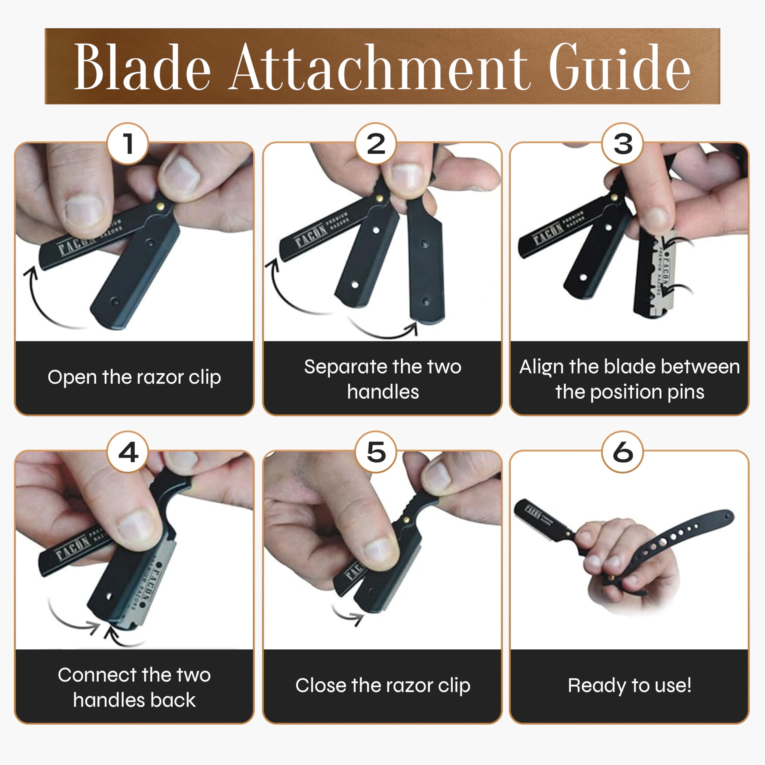 FACON straight razor quality finish close-up signaling durable craftsmanship for daily use.