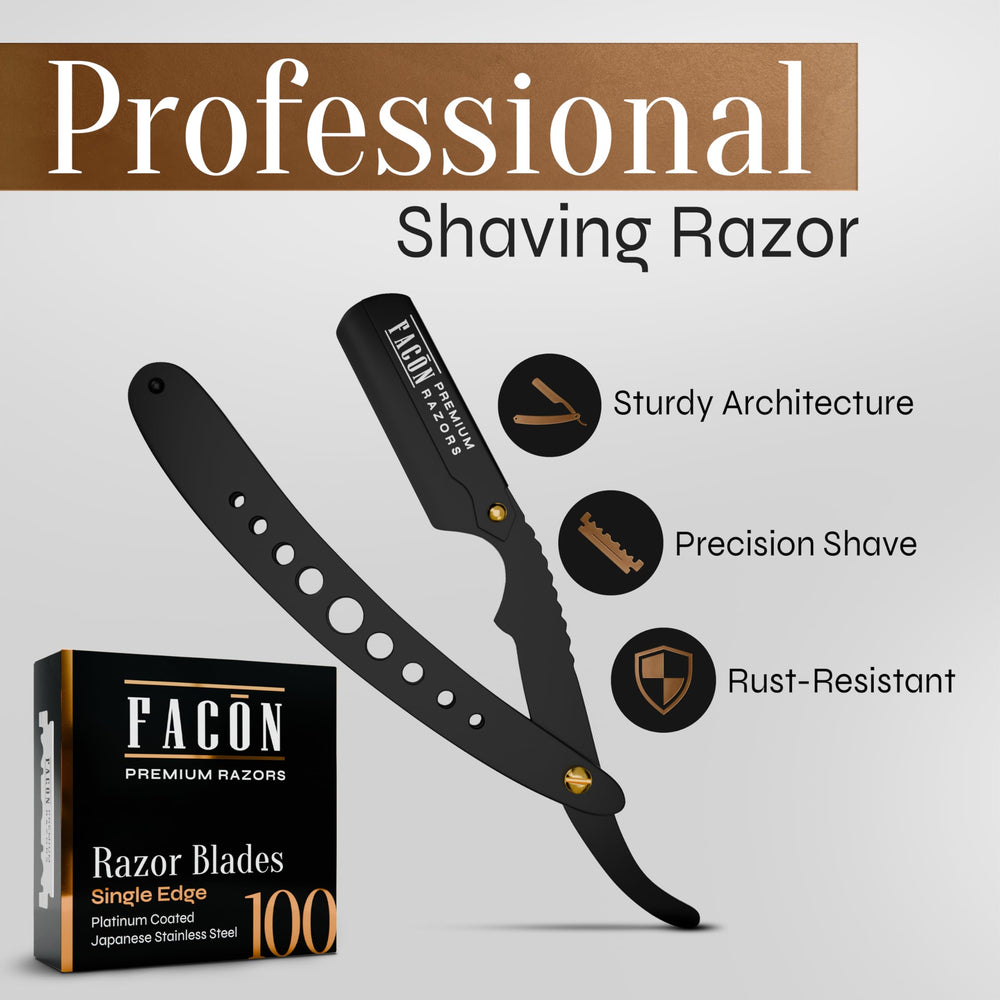 FACON straight razor stainless steel blade close-up highlighting durability for long-lasting grooming.