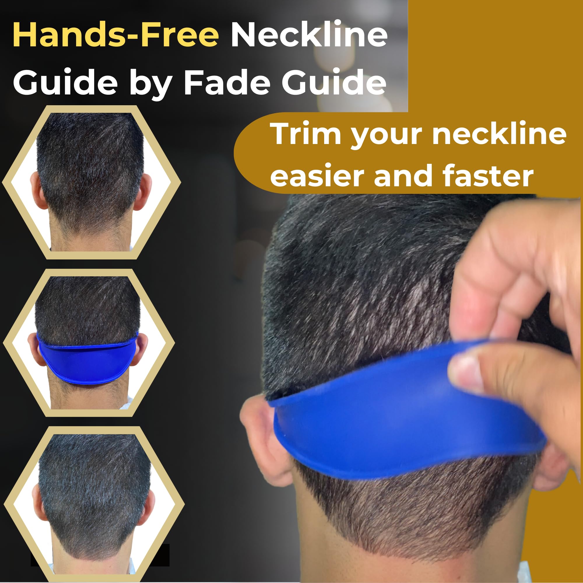 Fade Guide stretchy band on head illustrates secure fit for easier fade adjustments.