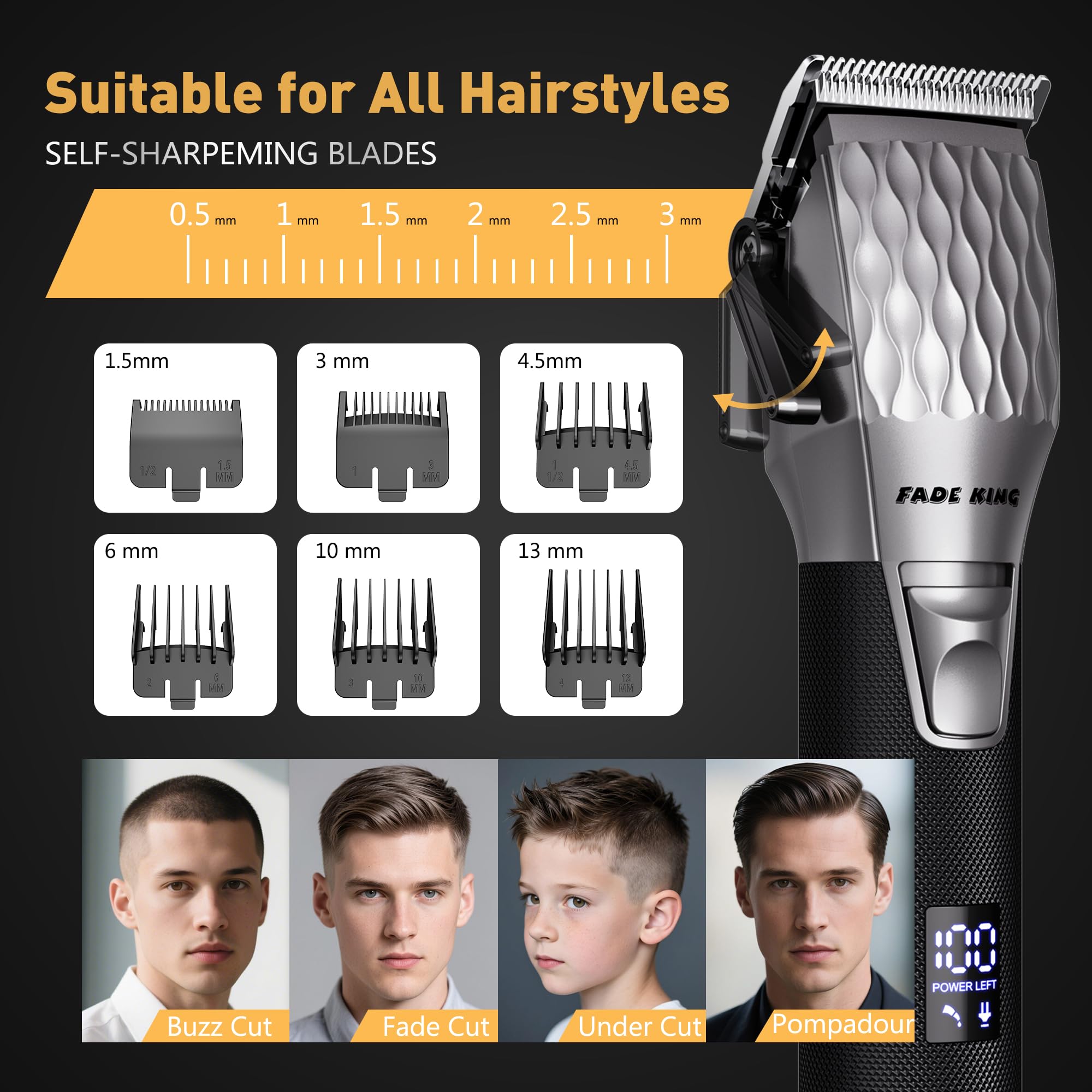FADEKING blades closeup highlights self-sharpening blades and smooth cutting performance