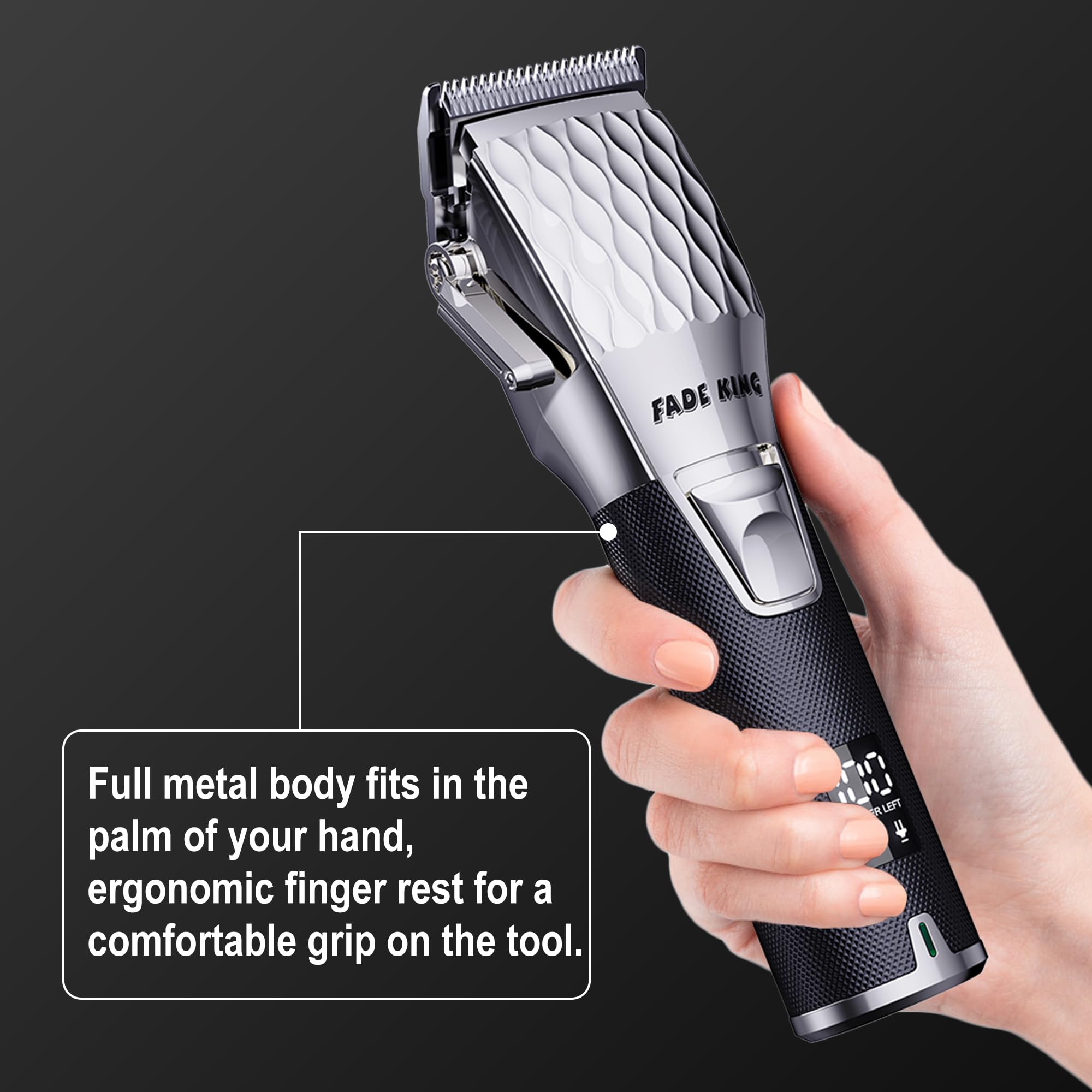 FADEKING hair clippers ergonomic-grip provides comfortable extended grooming sessions.