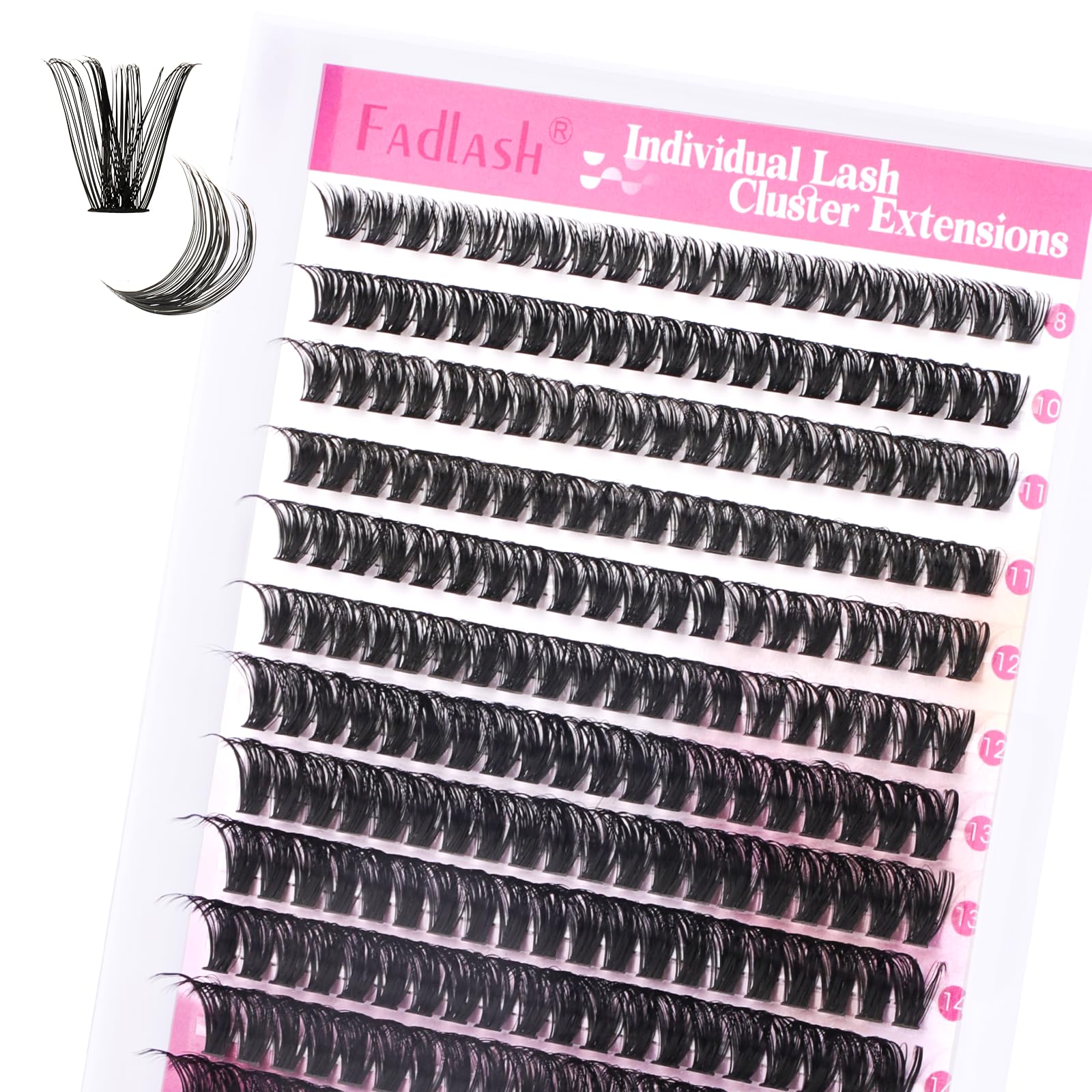 FADLASH front packaging showing tray of 280 cluster lashes and mixed lengths
