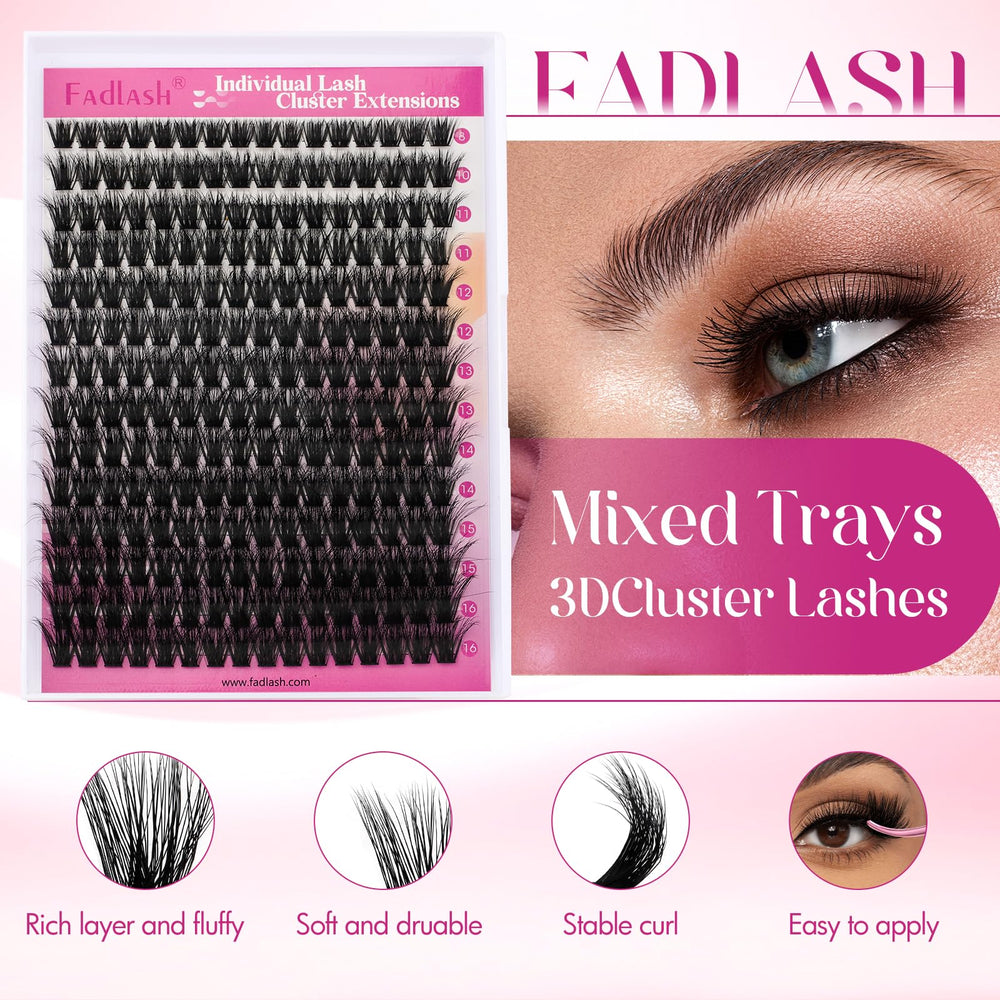 FADLASH Lash Clusters 3D full-look 8-16mm demonstrates layered fullness for versatile styling