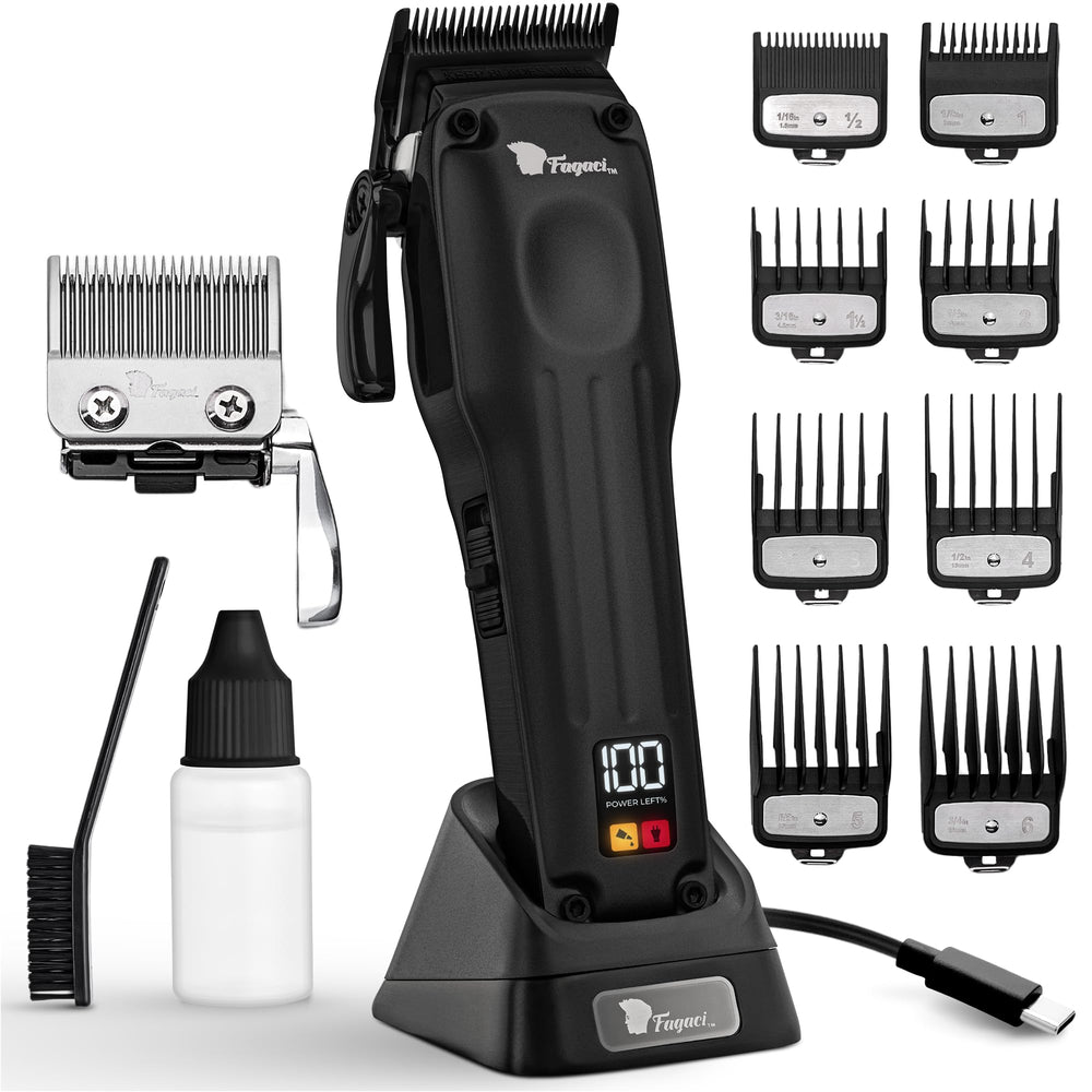 Fagaci Fusion cordless clipper with fade blade for precise hairline transitions.